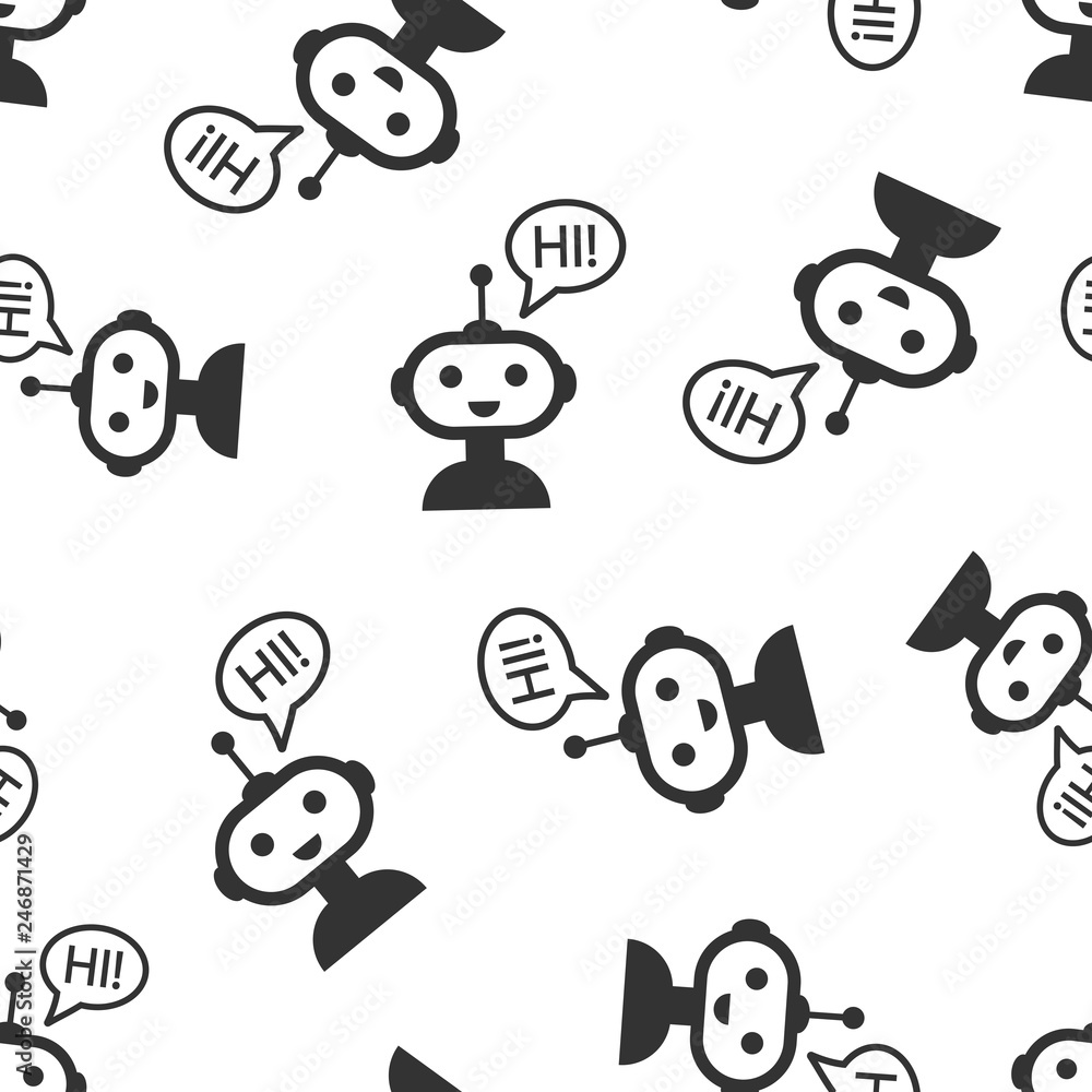Cute robot chatbot icon seamless pattern background. Bot operator vector illustration. Smart chatbot character symbol pattern. Cute robot chatbot icon seamless pattern background. Bot operator vector illustration. Smart chatbot character symbol pattern.