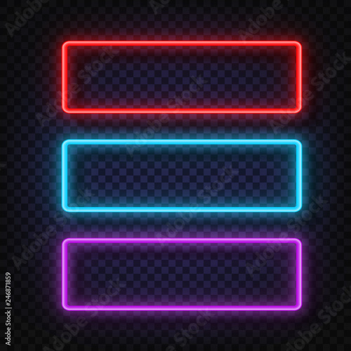 Neon light banners set. Vector Neon light frame sign. Realistic glowing neon frames isolated on transparent background. Shining and glowing neon effect. Plates with a place for inscriptions