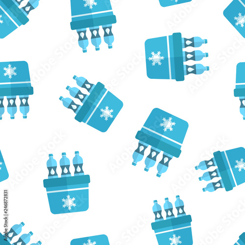 Portable fridge refrigerator with water bottle icon seamless pattern background. Freezer bag container vector illustration. Fridge and soda drink symbol pattern.