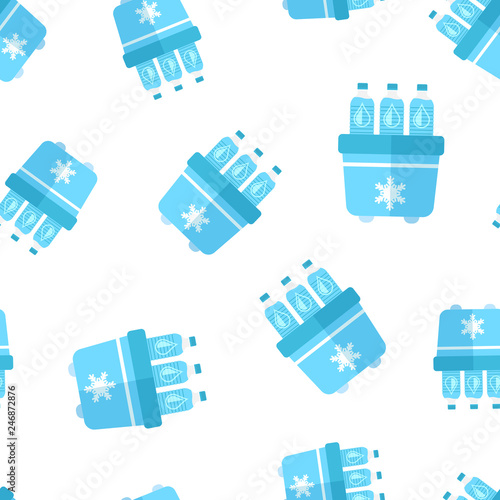 Portable fridge refrigerator with water bottle icon seamless pattern background. Freezer bag container vector illustration. Fridge and soda drink symbol pattern.