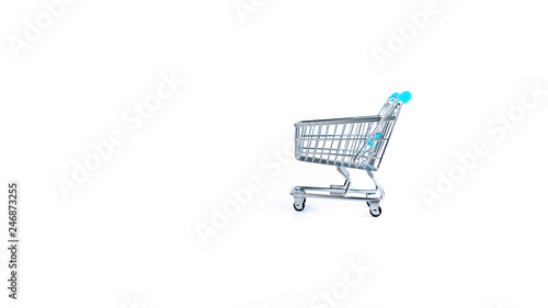 Supermarket trolley on a white background. The cart is empty. Food basket.