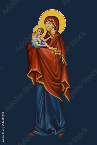 Madonna. Holy Mother of God with Jesus baby. Illustration - fresco in Byzantine style.