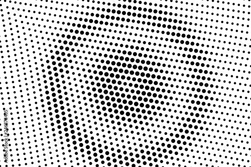 Black on white grungy halftone vector. Digital dotted texture. Round dotwork gradient for vintage effect.