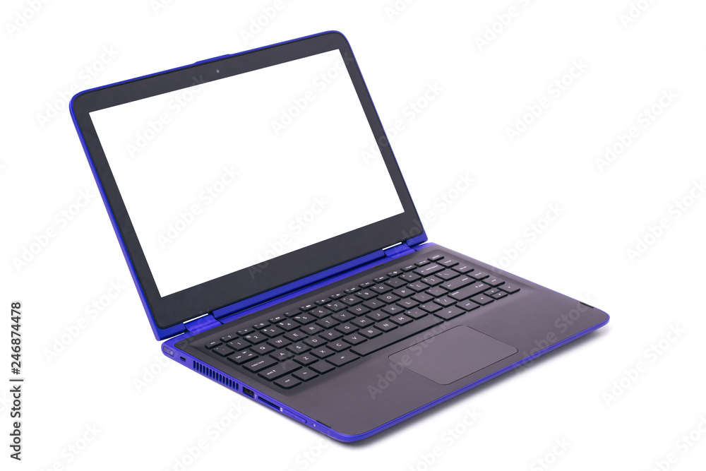 Blue modern convertible laptop with white blank screen isolated on a white background Blue modern convertible laptop with white blank screen isolated on a white background