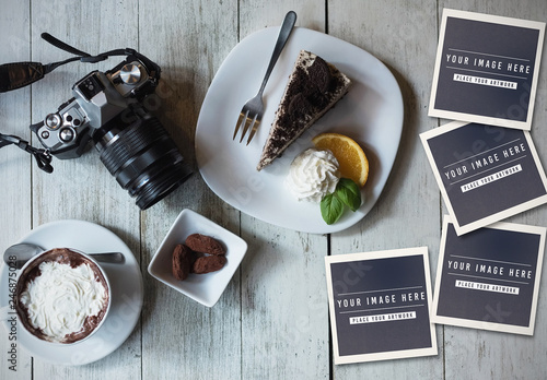 Camera and food on wooden table with four pictures Mockup