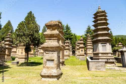 Pagoda forest in Shaolin temple, Dengfeng, Henan Province, China. It is the burying places of the most eminent monks of the temple over the centuries, and the biggest group of pagodas in the world