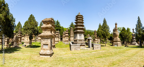 Pagoda forest in Shaolin temple, Dengfeng, Henan Province, China. It is the burying places of the most eminent monks of the temple over the centuries, and the biggest group of pagodas in the world