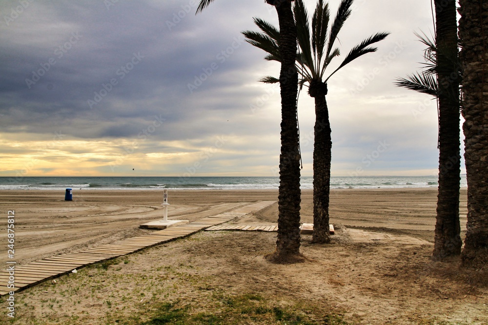 Beach under stormy sky