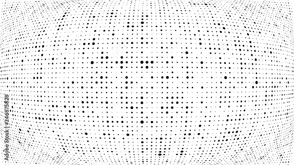 Abstract dots background. Dots pattern. Monochrome grunge dirt texture. Halftone Pop Art. Comic. Geometric small dots, wave 3d vector pattern. Template for presentation, business cards, report, fabric