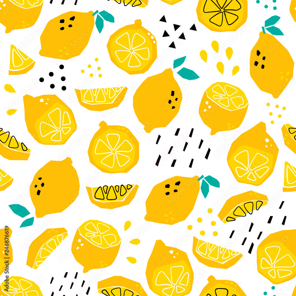 Hand drawn abstract lemons. Colored vector seamless pattern