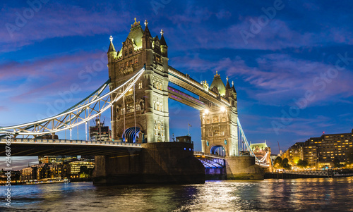 Tower Bridge at night in London, UK