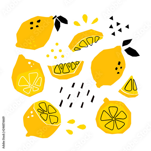 Hand drawn abstract lemons. Colored vector set. All elements are isolated
