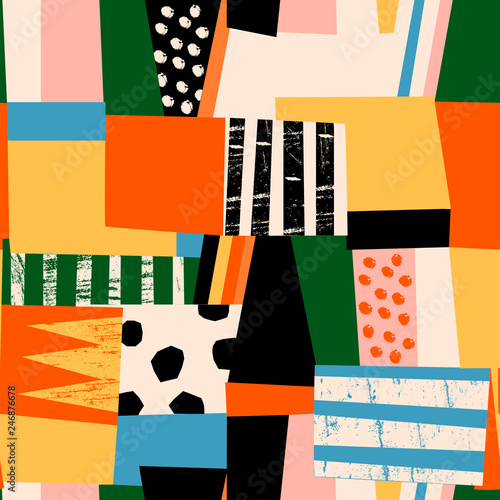 Hand drawn various shapes. Abstract contemporary seamless pattern. Modern patchwork illustration in vector