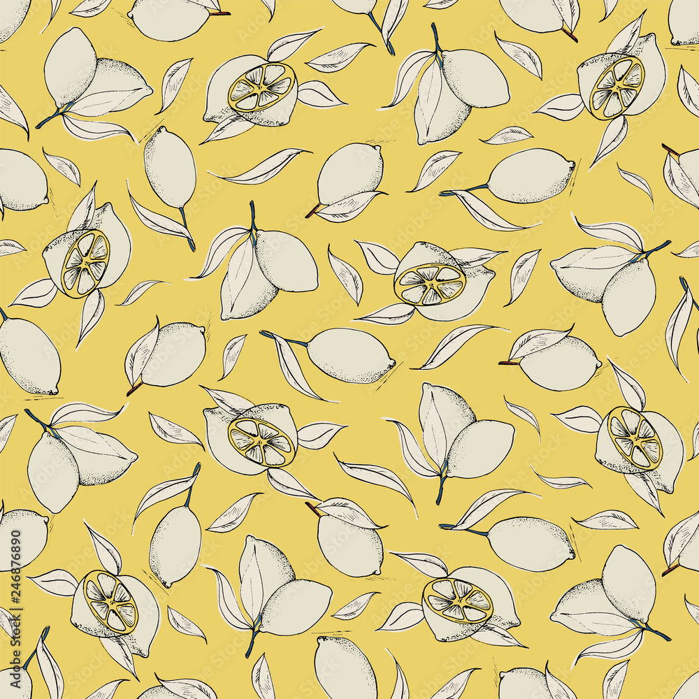 citrus seamless pattern with abstract  hand drawn lemons