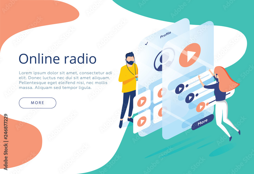 Concept of internet online radio streaming listening, people relax listen  dance. Music applications, playlist online vector de Stock | Adobe Stock