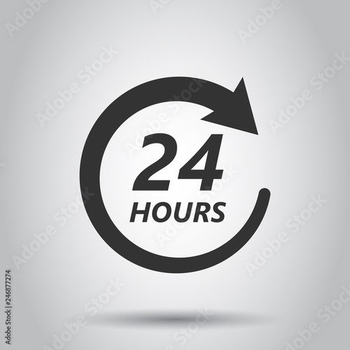 Twenty four hour clock icon in flat style. 24/7 service time illustration on white background. Around the clock sign concept.