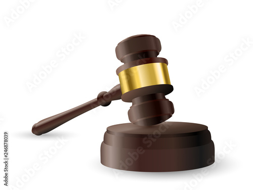 Beautiful realistic wooden and golden jury hammer on white background.
