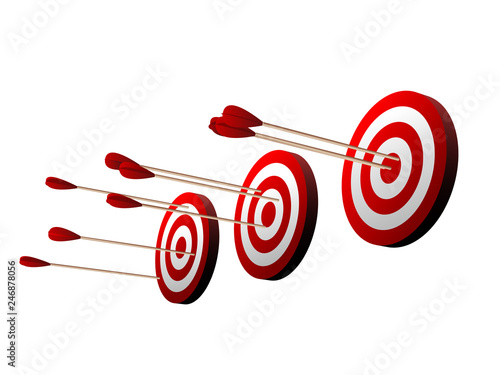 Three beautiful realistic red and white archery targets on white background. photo