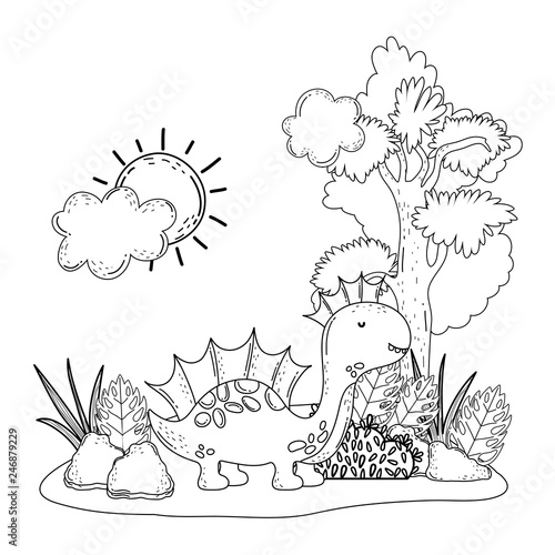 cute apatosaurus with tree in the landscape
