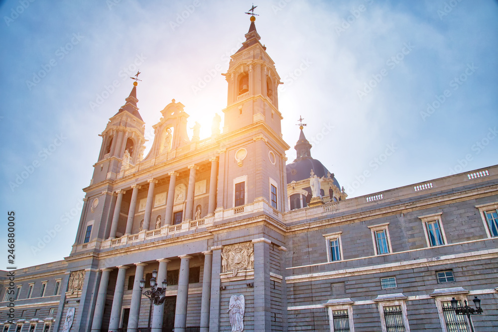 Madrid, Famous Almudena Cathedral on a bright sunny day