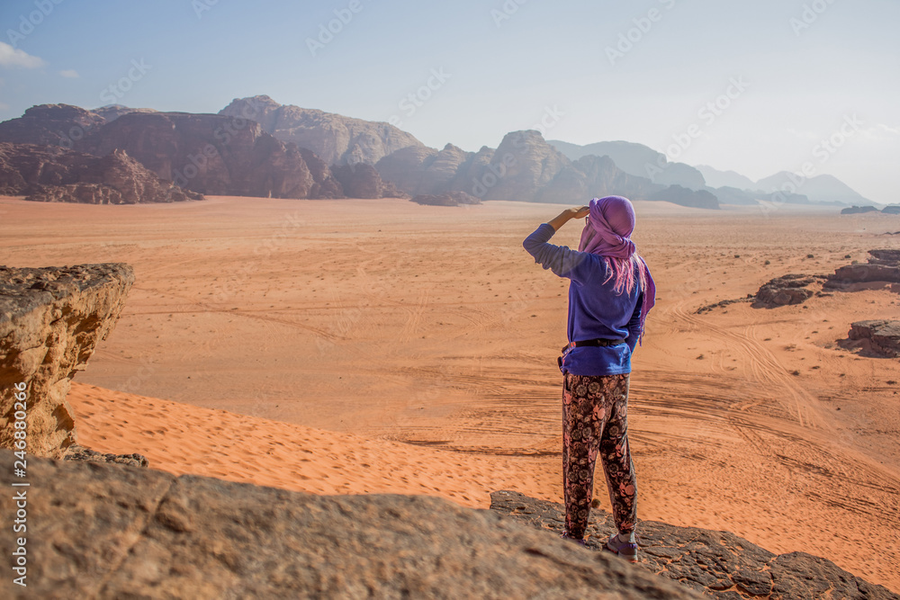 travel girl stay on steep high rock back to camera with hand near face and looking on a Middle East desert scenery landscape with mountain background 