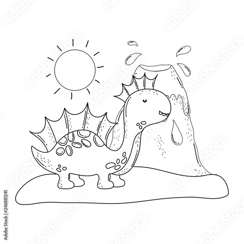 cute apatosaurus with volcano scene