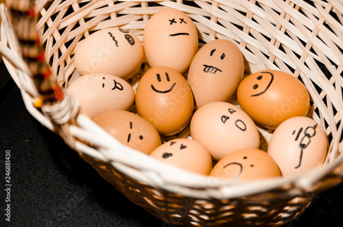 Eggs with smiling faces in the basket