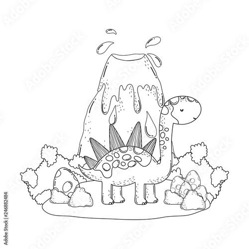 cute apatosaurus with volcano scene