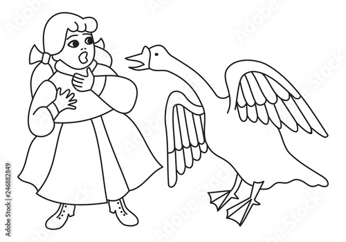 White goose and a little girl in long dress.