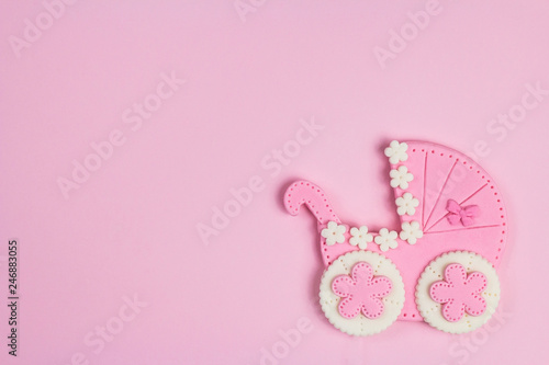 It's a girl pink card. Newborn background. Baby shower invitation. Birth announcement. Flat lay,text space