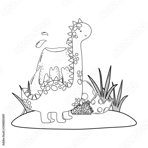 cute apatosaurus with volcano scene