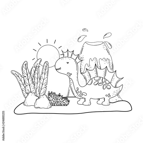 cute apatosaurus with volcano scene