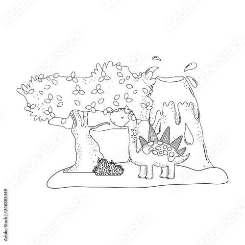 cute apatosaurus with volcano scene