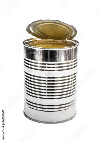 Opened metal tin can on white.