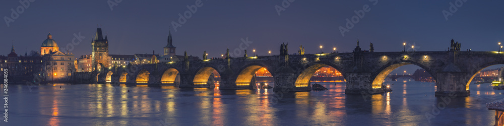 Panoramic view of Charles Bridge at Night, Prague - Czech Republic