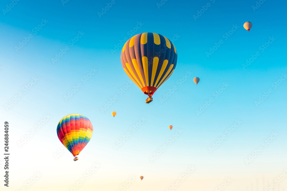 Fototapeta premium Colorful hot air balloons isolated on blue sky background. Colorful hot air balloon flying over at fairy chimneys in Nevsehir, Goreme, Cappadocia Turkey. 