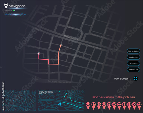 Dashboard theme creative infographic of city map navigation. Technology concept. Vector illustration gps navigation.