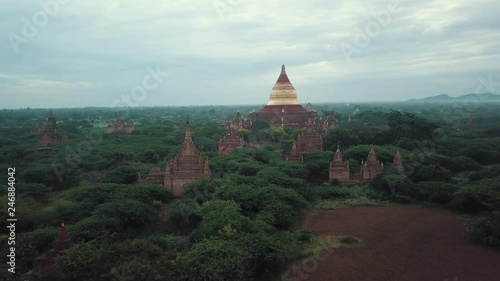 Drone shot of Buddhist temples in Bagan, Myanmar photo