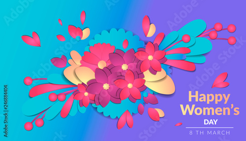 Vector horizontal image  with multi-colored flowers in the center  flower petals  pattern for international women s day  the effect of cut paper  many layers of objects