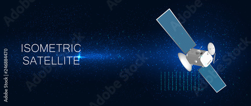 3D satellite isometric background. Futuristic space satellite Illustration and Starry Sky. Technology concept 
