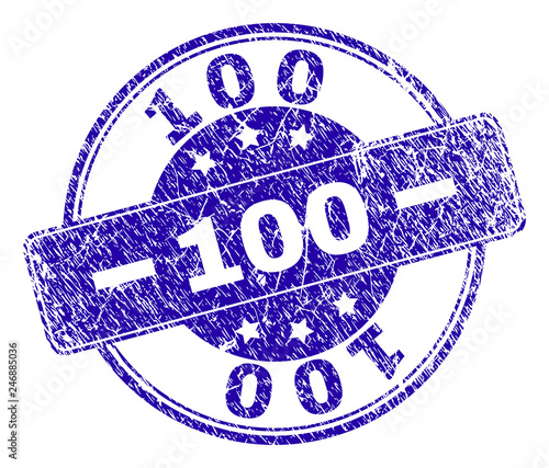 100 stamp seal watermark with grunge style. Designed with rounded rectangle and circles. Blue vector rubber watermark of 100 label with corroded style.