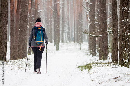 Winter nordic walking in the forest during snowfall