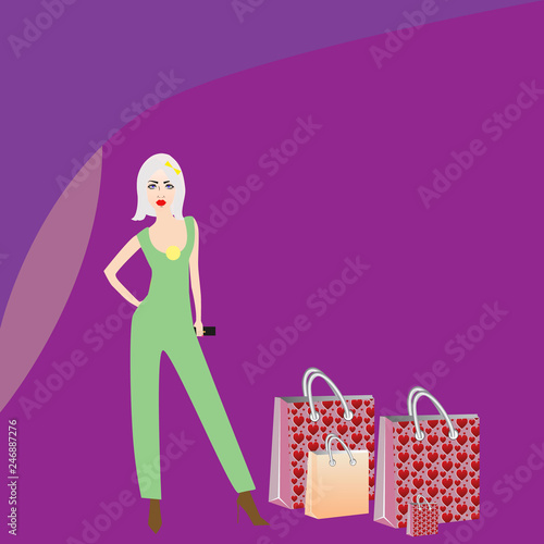  girl in green/ the picture a girl in a salad dress, with shopping, package, shopping, girl is preparing for holidays, March 8. Girl for packing, magazine