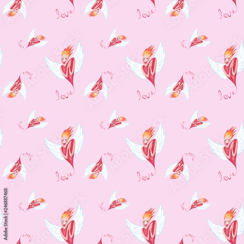 Geschenkpapier, Tapete, Hintergrund, Vorlage nahtloses Muster, seamless pattern Liebe/ Love/ Valentinstag/ Hochzeit, Engel rosa, Illustration und Design von Kathrin Schwertner 