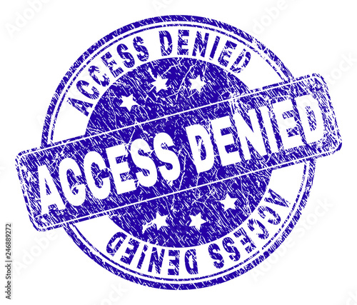 ACCESS DENIED stamp seal watermark with grunge texture. Designed with rounded rectangle and circles. Blue vector rubber watermark of ACCESS DENIED tag with scratched texture.