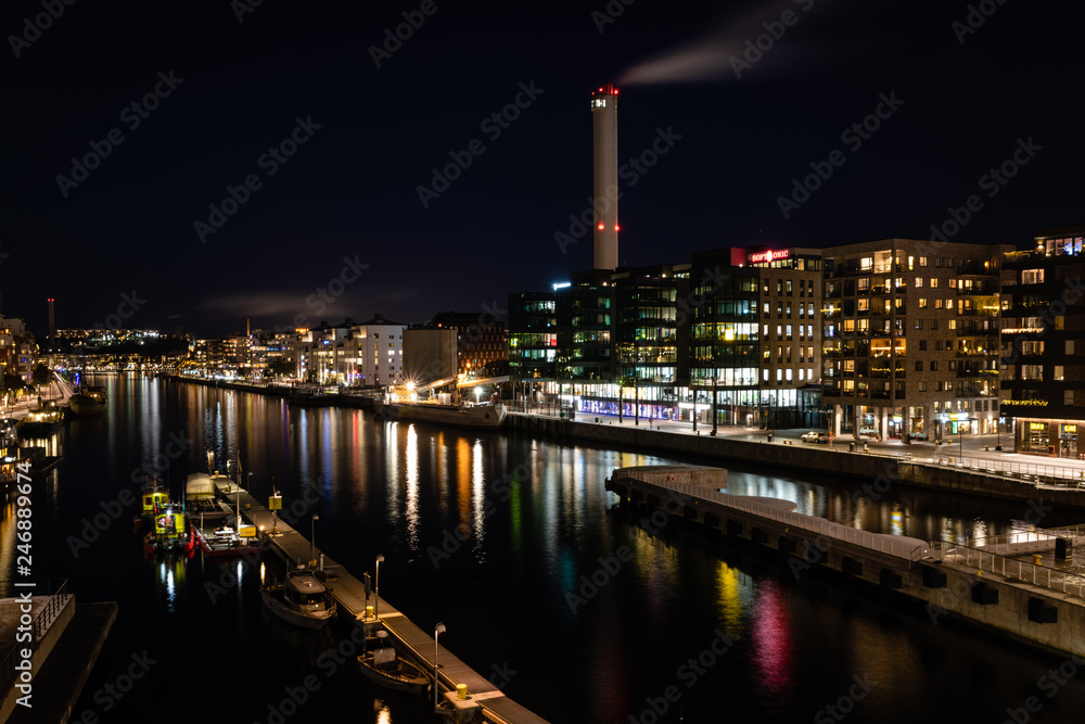 Fototapeta premium city at night - hammarby sjöstad stockholm
