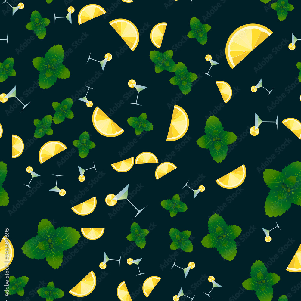 Citrus and herbal print. Seamless pattern cocktail garnished with lemon slice and mint. Citrus and herbal print. Seamless pattern cocktail garnished with lemon slice and mint.