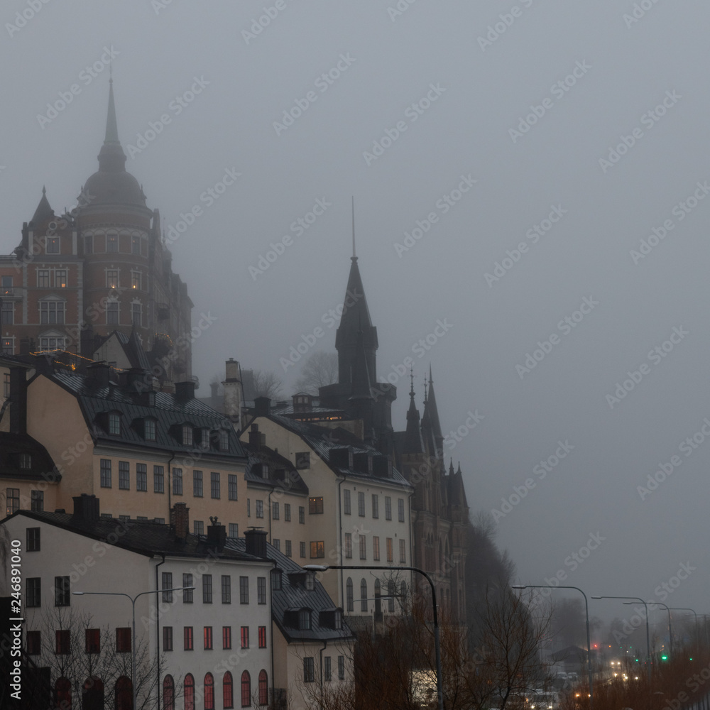 misty morning over mariaberget in stockholm