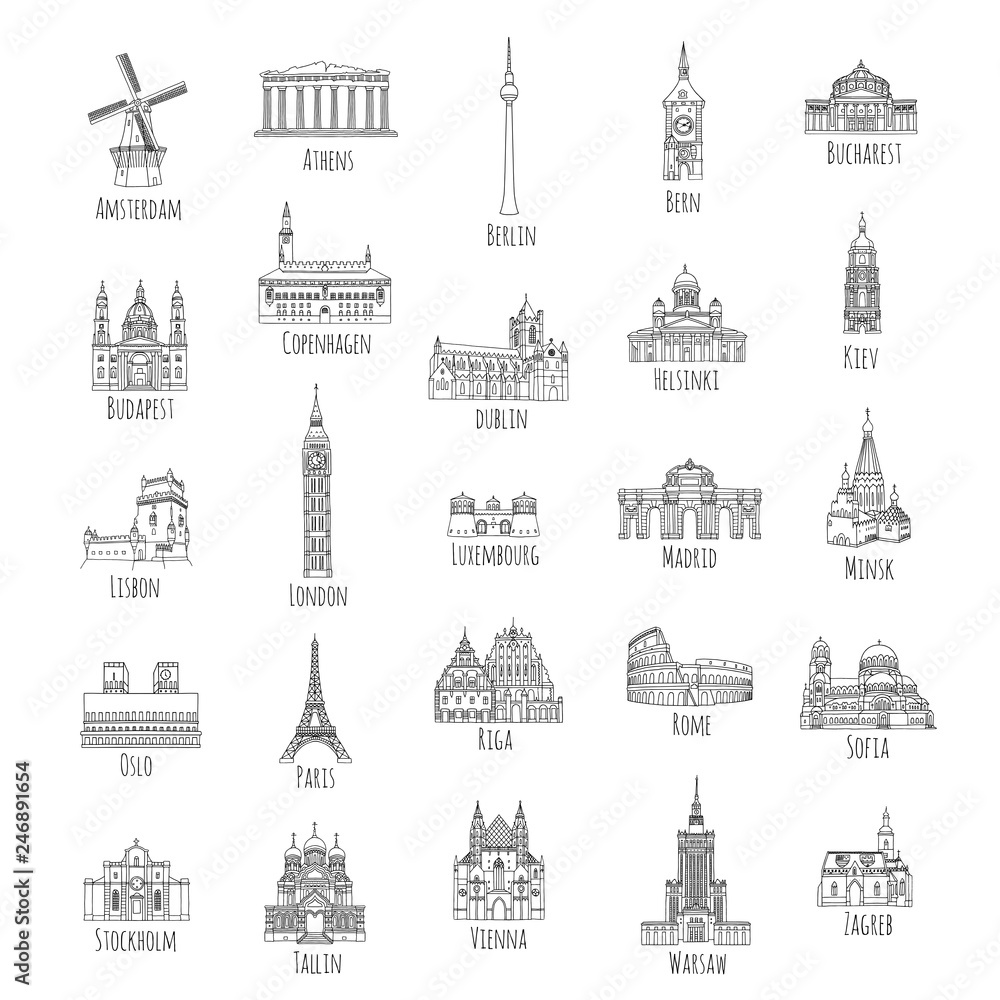 Set of 25 hand drawn landmarks from various European capitals, black ink illustrations