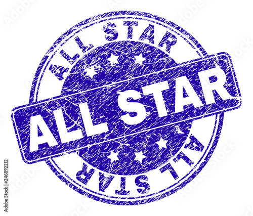 ALL STAR stamp seal watermark with grunge effect. Designed with rounded rectangle and circles. Blue vector rubber watermark of ALL STAR label with grunge texture.